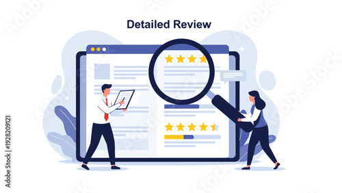Professionals examining a digital document with a magnifying glass, representing detailed review, data analysis, and quality control.