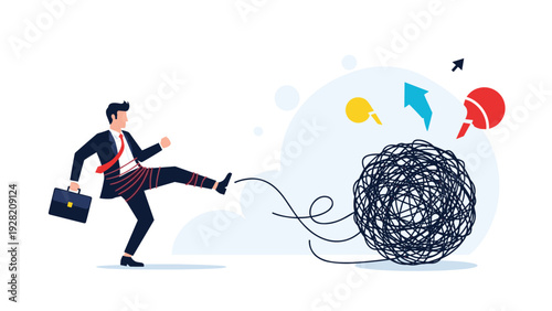 Ambitious businessman breaking free from ropes while kicking a tangled mess, representing overcoming obstacles and problem solving.