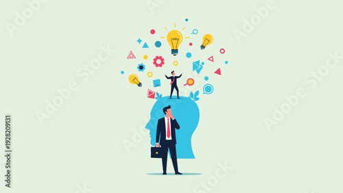 Businessman thinking about a stream of creative icons and lightbulbs, representing brainstorming, mental focus, and innovative ideas.