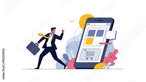 active businessman running towards a giant smartphone screen represents the modern trend of mobile shopping and digital commerce.