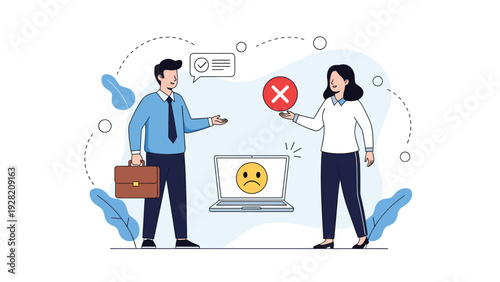 professional couple discussing customer dissatisfaction shown on a laptop screen with a sad face and a rejection symbol.