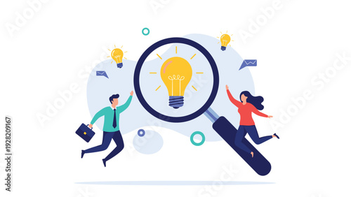 excited people jumping with joy around a giant magnifying glass focused on a lightbulb represents successful problem solving.
