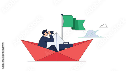 determined businessman navigating a red paper boat while looking through binoculars symbolizes visionary leadership and strategy.