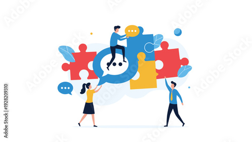 collaborative team assembling giant puzzle pieces with a communication bubble represents effective problem solving and teamwork.