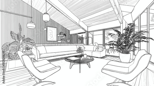Modern living room interior line art illustration. Contemporary house design sketch with stylish furniture, plants, and large windows.