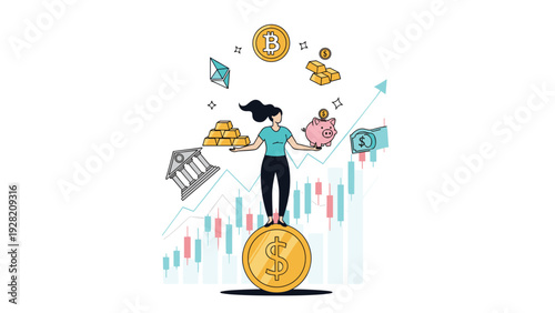 successful woman balancing on a giant coin surrounded by various financial icons represents diverse investment and wealth management.