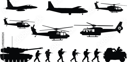 Military aircraft helicopters tank and soldiers silhouettes, army forces combat vehicles, defense war vector illustration isolated
