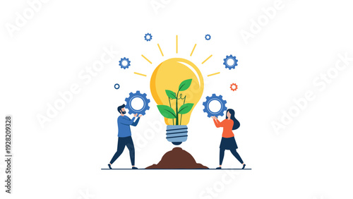 professional team holding gears near a lightbulb with a plant inside symbolizes sustainable technology and green innovation.