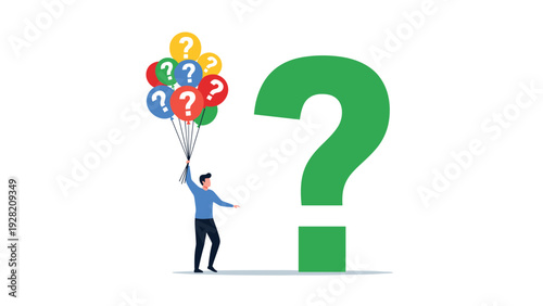 confused man holding colorful balloons with question marks stands near a giant symbol representing difficult decision making.