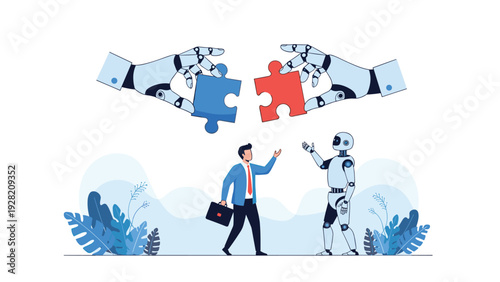 businessman and a robot interacting while robotic hands assemble puzzles represents future artificial intelligence collaboration.