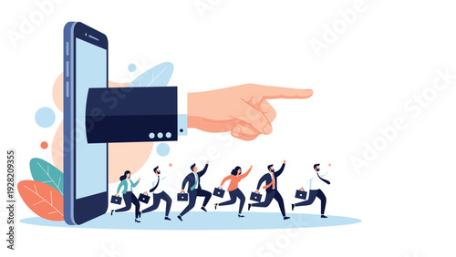 giant hand emerging from a smartphone to guide a group of business professionals represents digital leadership and mentoring.