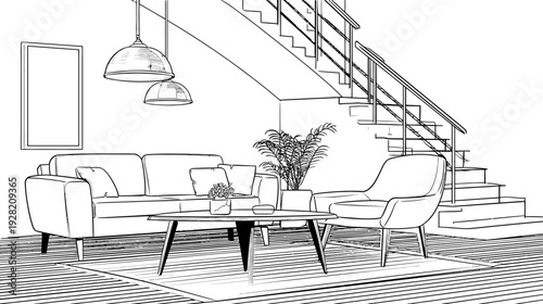 Hand-drawn sketch of a modern minimalist living room interior with furniture, plants, and staircase, contemporary home design illustration