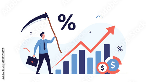 professional businessman holding a scythe near an upward trending bar chart represents market volatility and economic challenges.