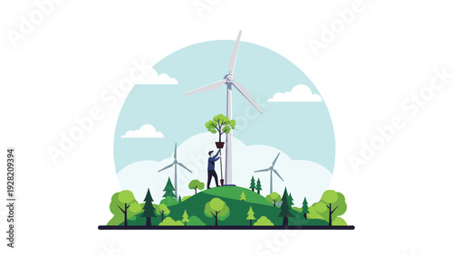 dedicated person planting a small tree on a hill with wind turbines behind represents environmental protection and clean energy.