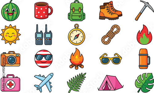 Cute Camping and Hiking Adventure Icons Set with Backpack, Tent, Campfire, Compass, Boots, Camera and Outdoor Travel Equipment Collection