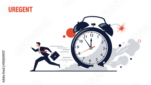 stressed businessman running away from a giant alarm clock bomb with urgent text represents deadline pressure and time management.