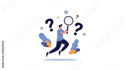 curious man jumping with a magnifying glass among floating question marks illustrates the search for answers and investigation.
