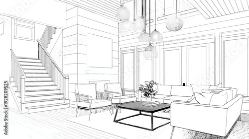 Architectural sketch of modern living room interior design with staircase and large windows, contemporary residential space outline