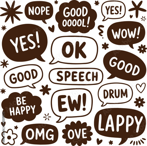 Collection of various brown speech bubbles displaying different short words and phrases on white