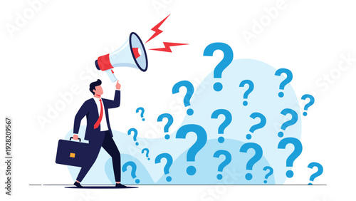 businessman using a megaphone to speak towards a cloud of question marks represents customer support and marketing strategy.