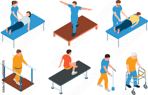 Physical therapy and rehabilitation vector set, physiotherapist assisting patients recovery exercises medical illustration collection