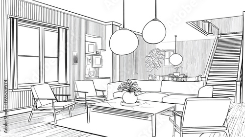 Modern living room interior design sketch illustration with sofa, armchairs, and staircase. Contemporary home decor line art.