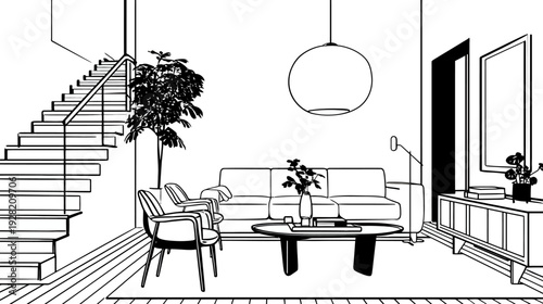 Modern Living Room Interior Design Line Art Illustration with Sofa, Armchairs, Coffee Table, and Staircase