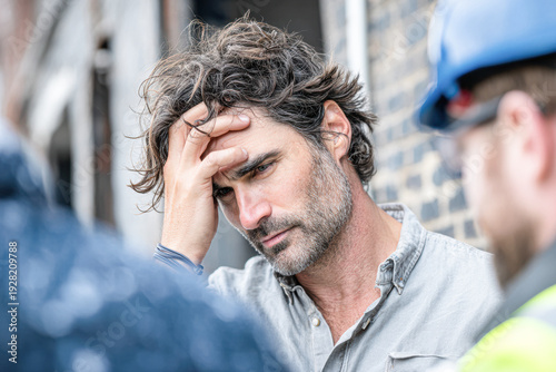 A man with disheveled hair looks stressed and holds his head, talking to two blurred people, possibly workers, near a brick wall outdoors.