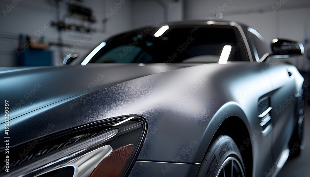 Naklejka premium Closeup medium shot of a matte paint finish booth showcasing a sleek vehicle with textured paint emphasizing the subtle detail with the rest