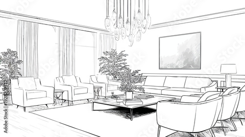 Modern Living Room Interior Design Sketch. Elegant Lounge Area Drawing with Contemporary Furniture, Plants, and Chandelier Line Art.