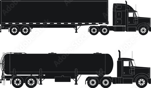 Semi truck and tanker trailer silhouettes, cargo transport vehicles, logistics freight transportation vector illustration isolated on white