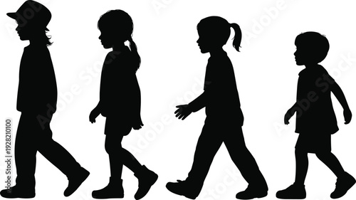 Children walking silhouettes set isolated on white background kids movement collection illustration