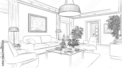 Sketch drawing of a stylish contemporary living room interior with cozy sofa, armchairs, coffee table, and houseplants. Elegant home decor.