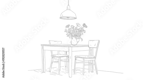 Minimalist line art drawing of a dining table with two chairs, a vase of flowers, and a hanging lamp, simple interior sketch.