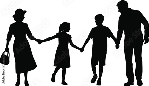 Happy family holding hands silhouette isolated on white background parenting togetherness concept illustration