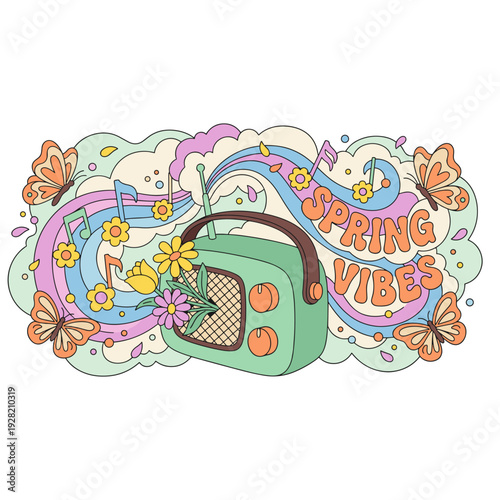 Spring Vibes Retro Radio with Flower Music Notes and Flying Butterflies