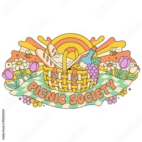 Retro Picnic Society Scene with Wicker Basket Wine Baguette and Sunburst