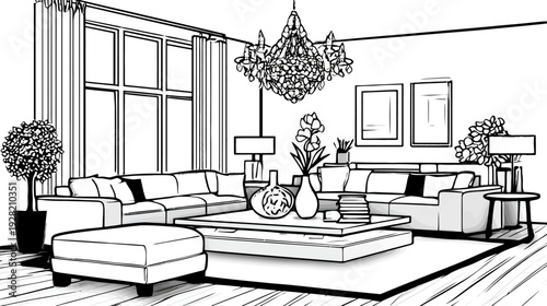 Elegant black and white line art illustration of a luxurious modern living room interior with stylish furniture and chandelier.
