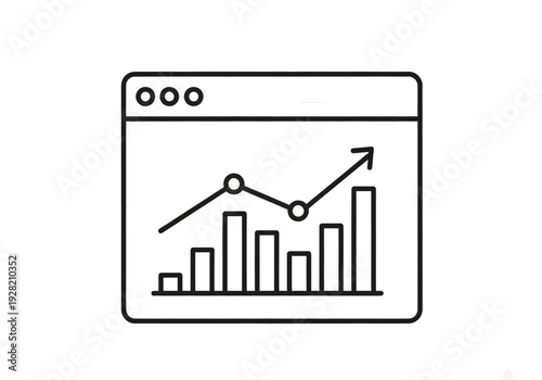 A simple line graph icon within a browser window displaying an upward trend with bars and a line connecting data points illustrating growth and progress in a straightforward visual representation