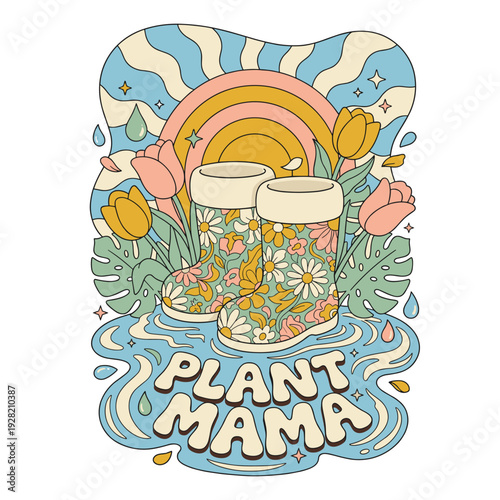 Plant Mama Floral Rain Boots with Sunburst and Spring Garden Flowers