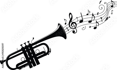 Trumpet with flowing musical notes illustration, jazz music concept isolated on white