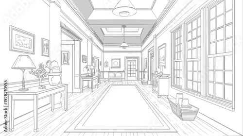 Detailed line drawing illustration of an elegant traditional interior hallway with classic architectural design, furniture, and perspective.