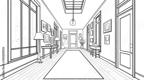Elegant house hallway line art illustration. Detailed black and white architectural sketch of a long empty interior corridor with windows and doors.