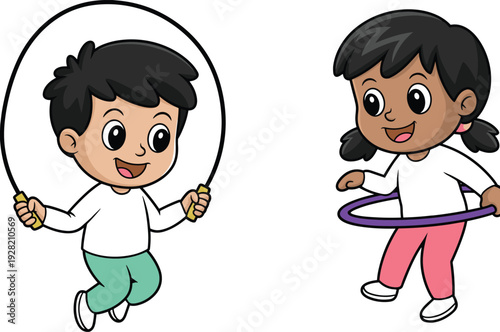 Happy kids playing jump rope and hula hoop, cute cartoon children fitness activity vector illustration