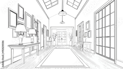 Architectural line art sketch of a modern empty house hallway. Detailed interior design illustration with decorative frames, tables, lamps.