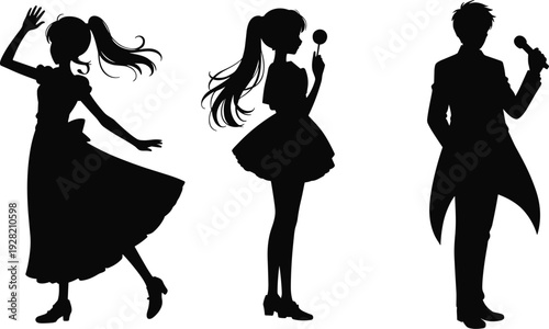 Singer and dancer silhouettes vector set, female idol and male performer with microphone illustration collection