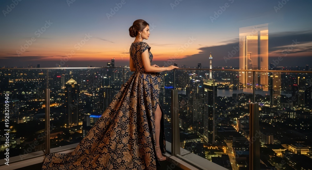 Fototapeta premium Elegant woman in elaborate gown observes sprawling illuminated cityscape from high observation deck at twilight