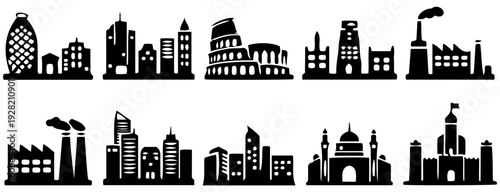 Set of City Skylines and Landmark Silhouettes
