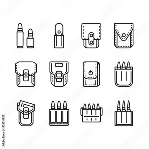Bullet Pouches and Cartridge Holders Line Icons Set