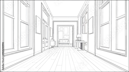 Detailed architectural line art illustration of an elegant long hallway with perspective, interior design sketch background.